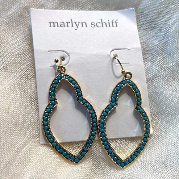 Marilyn Schiff Enamel Dangling Wire Earrings Turquoise Gold Bohemian NWT - Picture 2 of 3